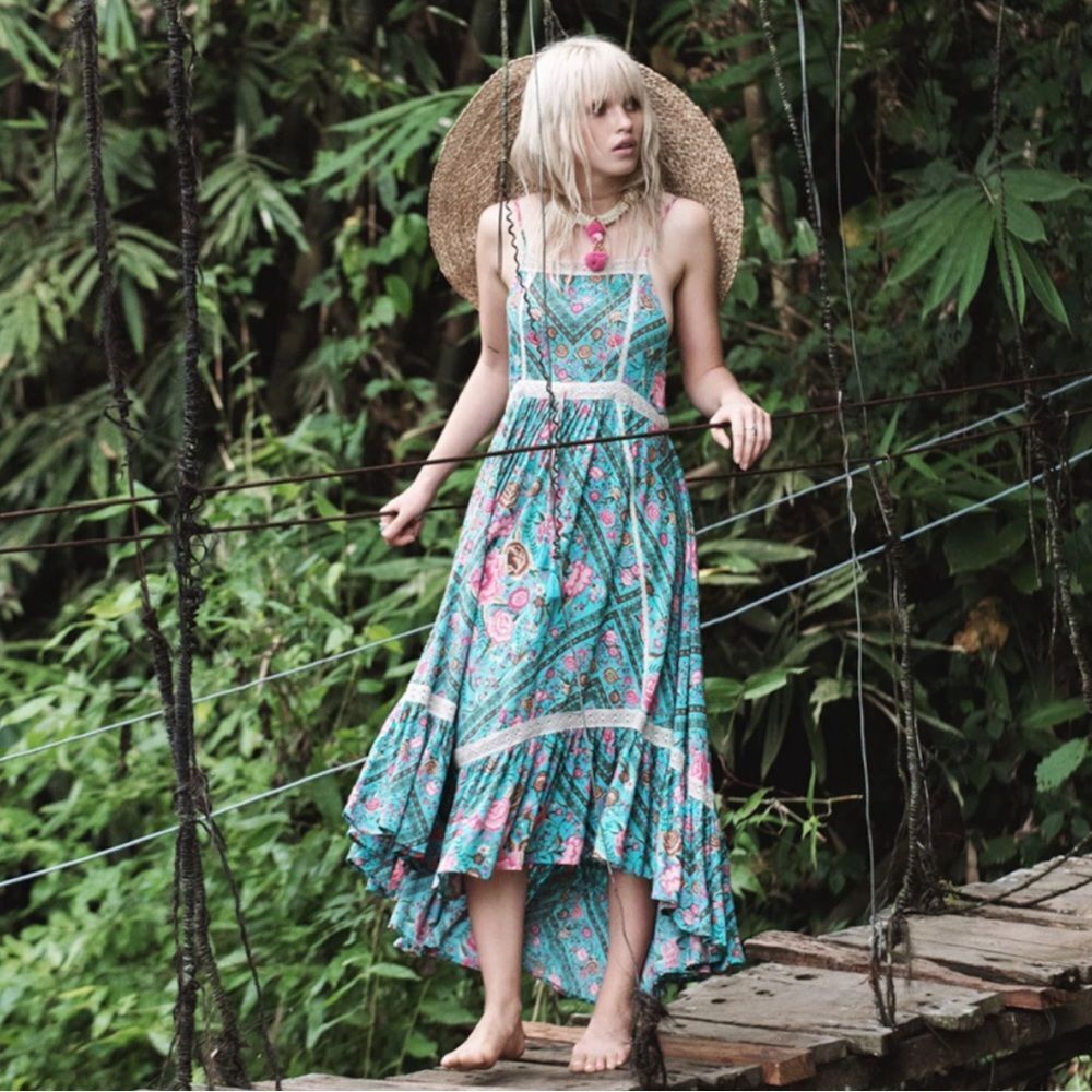 Spell & The Gypsy Babushka Babs Strappy Midi Dress Small Turquoise High Low Blue